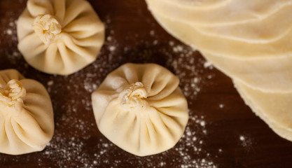 Khinkali is the national dish of Georgian cuisine. Products meat and dough with spices. Selective focus