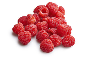Lot of organic raspberries on white