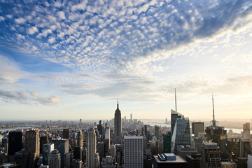Fototapeta na wymiar Lower Manhattan skyline, sunset, lots of sky.