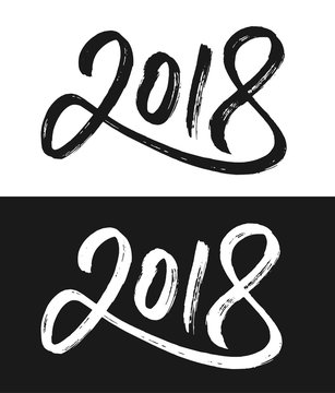 Happy New Year 2018 greeting card template. Hand drawn calligraphic number 2018 with rough contour on black and white backgrounds for Chinese Year of the Dog. Vector illustration.