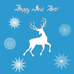 Reindeer little playful - original snowflakes - hand inscription Happy New Year - art creative vector illustration