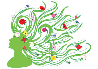 Image of spring - summer - Silhouette of a woman in profile with long hair and bright beautiful flowers - on white background - art vector