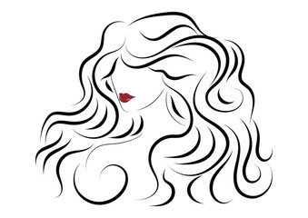 Sketch female image - long wavy hair - - isolated on white background - art vector