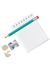 Stationery set - sheet is lined up for entries - pencil, sharpener with shavings - isolated on white background - vector