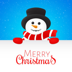 Merry Christmas - greeting card with smiley snowman. Vector.