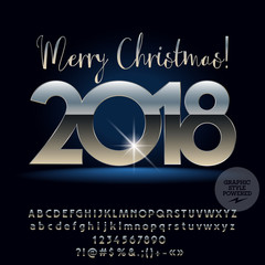 Vector mysterious Merry Christmas 2018 Greeting Card with Alphabet set of Letters, Symbols and Numbers. Silver Font contains Graphic Style