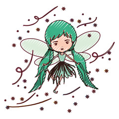 girly fairy flying with wings and pigtails hairstyle in colored crayon silhouette