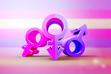 Set of gender symbols with stylized silhouettes, male, female and unisex or transgender. Idea and leadership concep. 3d illustration.