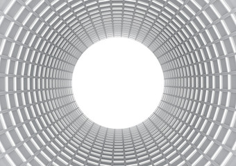 3d rendering. Gray color square pattern in circle shape tunnel with light at the center.
