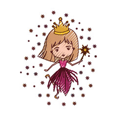 princess fairy with crown and magic wand in colored crayon silhouette