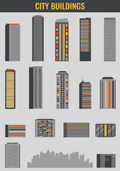 City buildings. Houses and skyscrapers set. Flat design icons. Vector