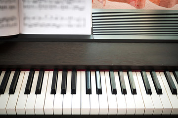 Piano keyboard with music sheet. Classical music instrument.