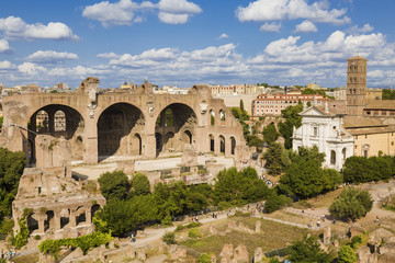 Top view of Roman forum, Basilica of Maxentius and Constantine, the Church of Saints Luke and Martina. Rome, Italy