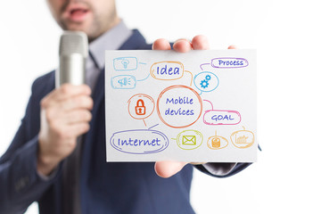 The concept of business, technology, the Internet and the network. Young businessman showing inscription: Mobile devices