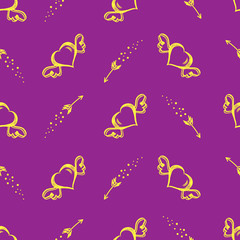 Vector seamless pattern with hand drawn hearts with wings and flying arrows. St.Valentine s day background