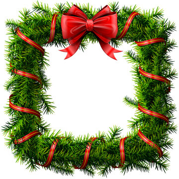 Christmas square wreath with red bow and ribbon. Decorated rectangle frame of pine branches isolated on white. Best vector image for new years day, christmas, decoration, winter holiday, design, etc