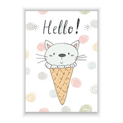 Hand drawn vector illustration with cute cartoon cat ice cream vector illustration