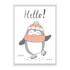 Hand drawn vector illustration with penguins. Printable templates