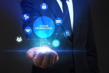 Business, Technology, Internet and network concept. Young businessman working on a virtual screen of the future and sees the inscription: Cloud technology