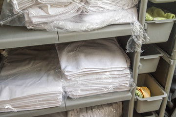 Towels and linen on a housekeeping trolley