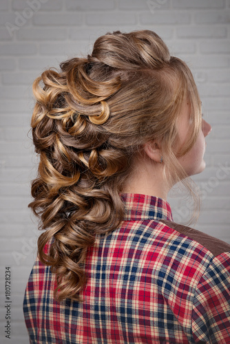 Women S Hairstyle Halo Braid On The Hair Of Brown Haired Rear Women S Hairstyle Halo Braid On The Hair Of Brown Haired Rear View