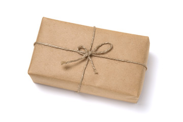 Christmas gift box wrapped in kraft paper.