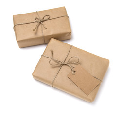 Christmas gift box wrapped in kraft paper.