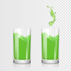 Green juice glass. Fruit apple or kiwi refreshing drink. Realistic vector illustration