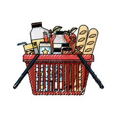 shopping basket with foods sausage and bread apples and drinks orange juice and water bottle and lacteal in colored crayon silhouette