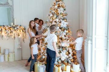 mother and five children decorating a Christmas tree