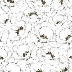 Floral seamless pattern. Sketched poppy design, black over white background