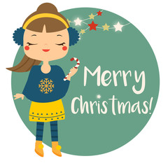 Cute winter girl holding candy cane. Merry Christmas banner for kids and children New Year party