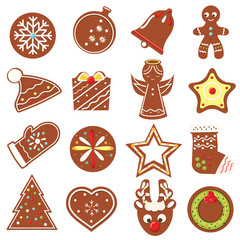 Christmas cookies. New Year bakery. Traditional seasonal decorated gingerbreads. Vector icons set