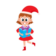 vector flat kids with presents. Young girl in red dress and christmas hat holding big present box with blue wrapping and purple bow smiling. Isolated illustration on a white background.