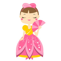 Cute kawaii fairy tale princess holding tan. Girl in queen costume. Cartoon style vector illustration