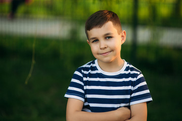 A little boy in a striped T-shirt is playing on the playground, Swing on a swing. Child is smiling and cheering