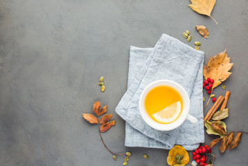 Fototapeta na wymiar Autumn background with hot lemon tea, yellowed leaves, spices, berries, cinnamon, seeds. Perfect sunny autumn. A autumn gray concrete background for you. Copy Space. Place for text. Flat lay, top view