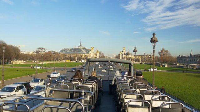 sunny day paris double-decker bus les invalides palace square ride pov panorama 4k france
