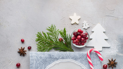 Christmas background with a Christmas tree, a star, cranberries and spices. Flat lay, top view