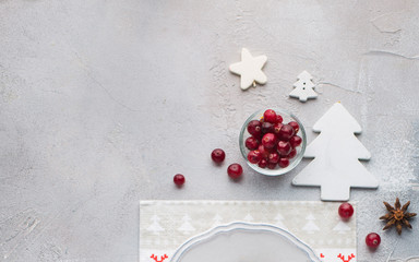 Christmas background with a Christmas tree, a star, cranberries and spices. Flat lay, top view