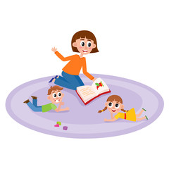 vector flat girl and boy kids sitting at carpet around young woman with book - teacher and listening to her attentively with interest with cubics toys around. Isolated illustration, white background.