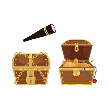 vector wooden treasure chest and spyglass icon set. Isolated illustration on a white background. Opened, full of golden coins, locked box. Flat pirates, risk and adventure symbols