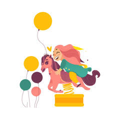 Happy kid, child, girl sitting on horse shape spring rider, cartoon vector illustration isolated on white background. Child, boy, kid having fun from riding a horse shape spring rocker on playground