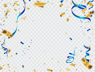 Celebration background template with confetti gold and blue ribbons. new year - obrazy, fototapety, plakaty