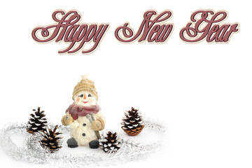 Happy Christmas snowman surrounded by pine cones. Pine cones. Christmas decorations. Christmas. New...
