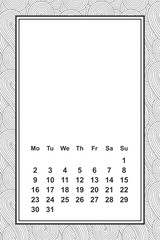 Vector template calendar for month 2 0 1 8. Hand drawn lettering quote for calendar design