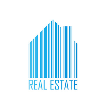 Symbol of house with barcode design and real estate label. Mortgage market and service theme. Blue vector illustration.