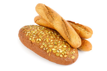 French baguette bread with pumpkin seeds. Isolated on white background