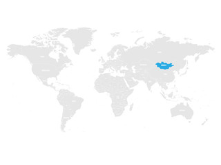 Obraz na płótnie Canvas Mongolia marked by blue in grey World political map. Vector illustration.