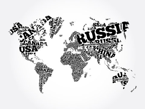 World Map in Typography word cloud, names of countries, education business concept